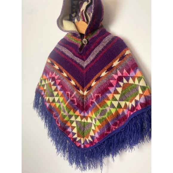 Handmade Toddler Alpaca Wool Poncho with Fringe Hooded Colorful Boho Toddler - Picture 4 of 11